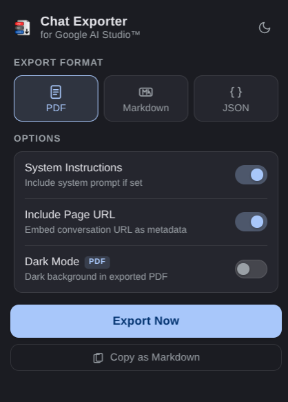 Google AI Studio Chat Exporter extension popup showing PDF, Markdown, and JSON export options with dark mode toggle and progress bar